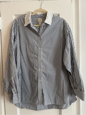 Gap x Doen blue striped Big Shirt with lace collar size XL
